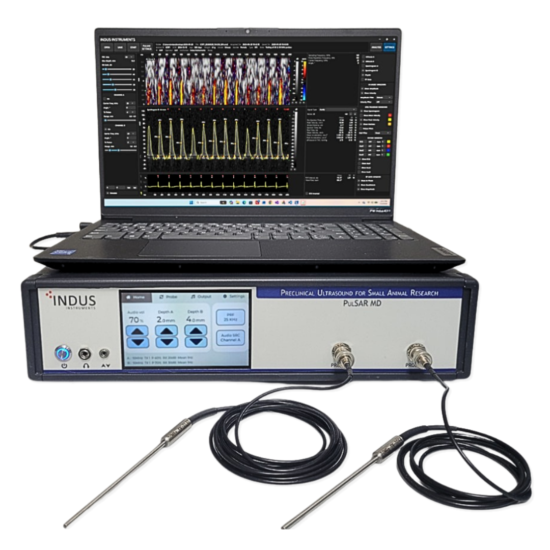 Indus Instruments PulSAR MD preclinical Doppler system with laptop displaying blood flow velocity waveforms and connected probes