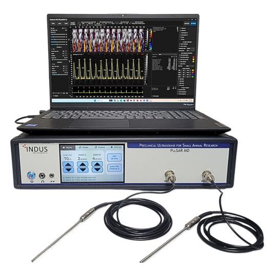 Indus Instruments PulSAR MD preclinical Doppler system with laptop displaying blood flow velocity waveforms and connected probes